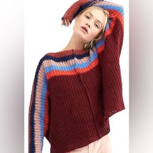 Free People See The Rainbow Alpaca Blend Striped Sweater Burgundy Multi – Medium